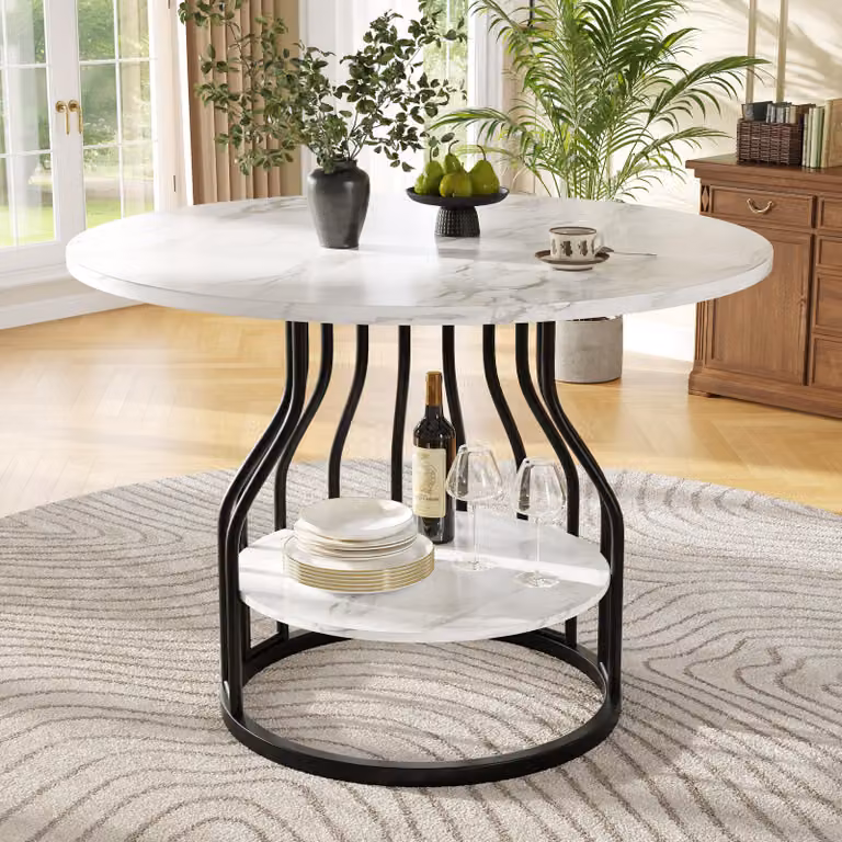 okwish Tavolo da pranzo con piano rotondo piccolo, adatto per 4 persone, superficie del tavolo effetto marmo, tavolo rotondo, bianco e nero