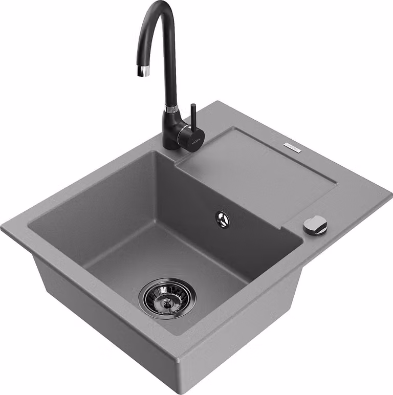 Mexen Enzo lavello in granito a 1 vasca con sgocciolatoio e rubinetto cucina Telma, grigio - 6506-71-670200-70-B
