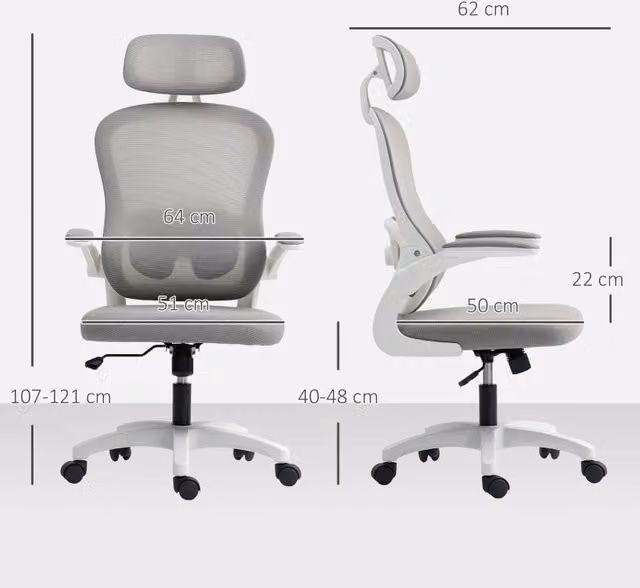 Poltrona da ufficio ergonomica grigia con schienale in rete e braccioli ribaltabili