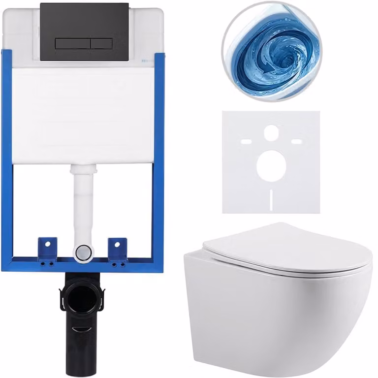 CERANO - Set completo per WC da incasso Lite/Cesso - bianco lucido - pulsante WC Slim, nero opaco - da incasso - 49x36 cm