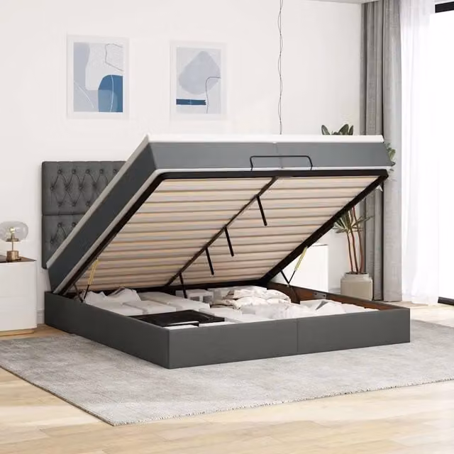 Letto con contenitore a sollevamento vidaXL in tessuto grigio e bianco L: 200 cm, P: 200 cm, H: 280 cm