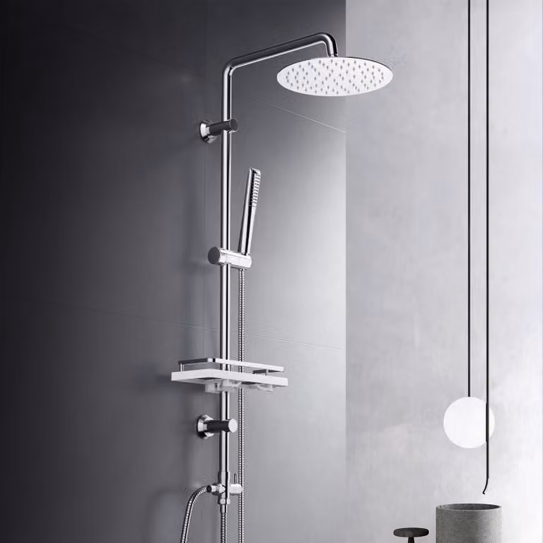 JOHO Colonna Doccia Acciaio Inox Senza Miscelatore Fori Muro Regolabili, Asta Doccia Saliscendi Doccia con soffione a Pioggia 20 cm e Mensola cromo