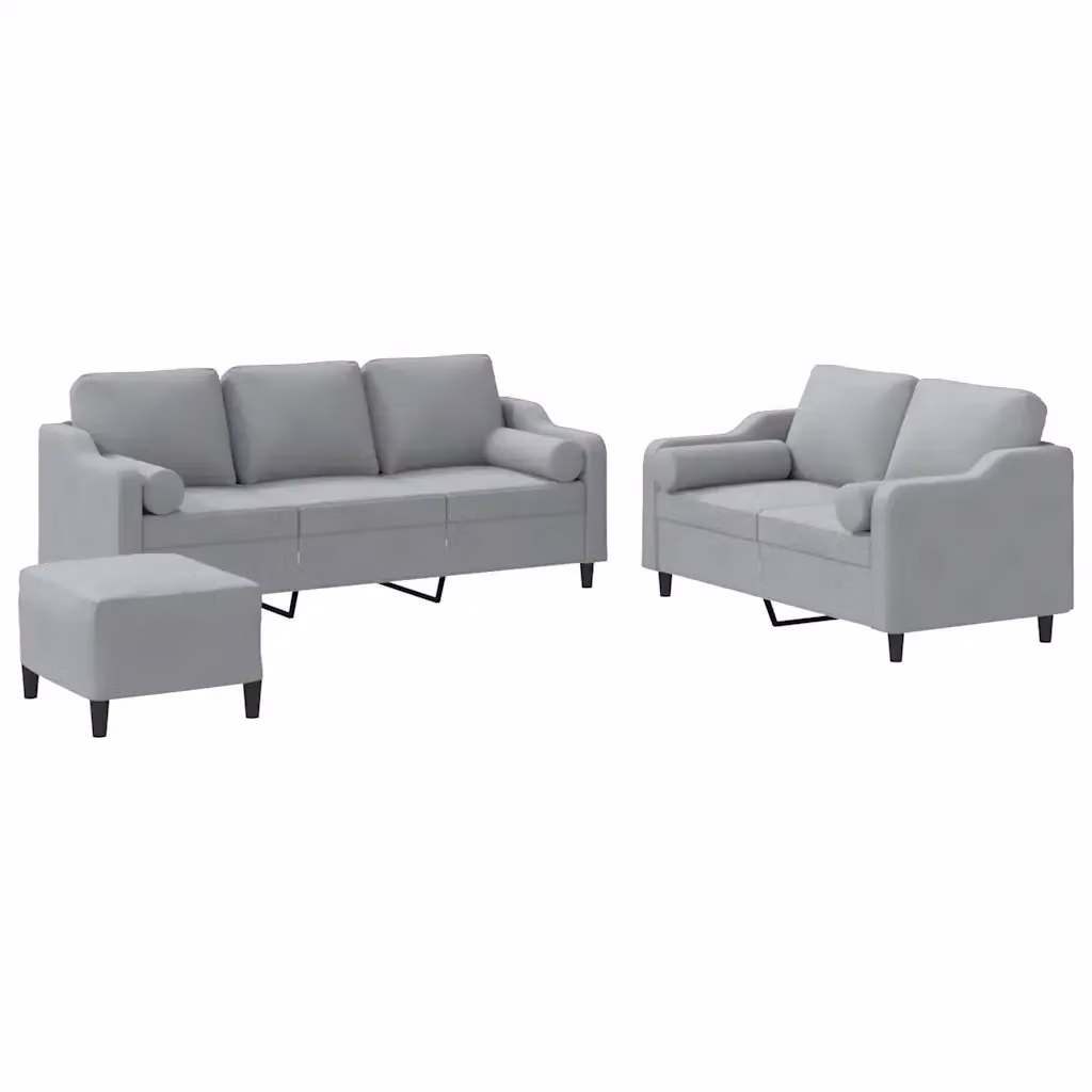 Set di Divani vidaXL 3 Pezzi con Pouf e Cuscini in Tessuto Grigio Moderno – 2