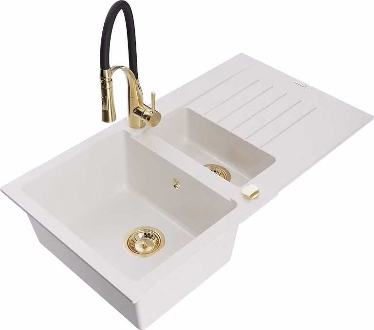 Mexen Matias lavello in granito 1,5 vasche con sgocciolatoio e rubinetto da cucina Aster, bianco - 6502-20-73450-57-G
