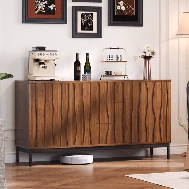Credenza ULEVR 150x40x80 cm con 3 cassetti e 2 ripiani regolabili, MDF e pannello truciolare marrone scuro