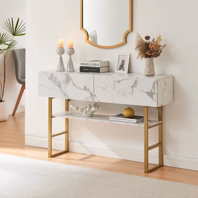 Tavolo Consolle Varberg en.casa con Cassetti e Ripiano, Effetto Marmo Bianco e Dettagli Oro, L: 120 cm, P: 30 cm, H: 75 cm