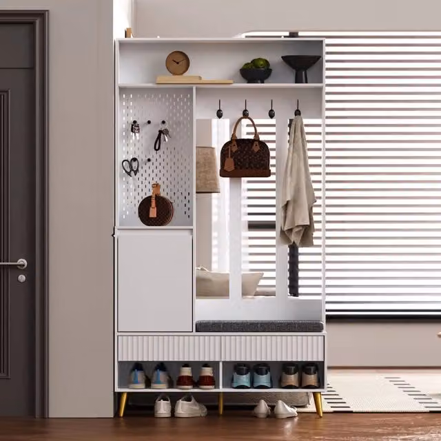 Set Ingresso MINIMAL Bianco con Scarpiera, Appendiabiti, Cassetti e Ganci L 100 cm, P 35 cm, H 180 cm