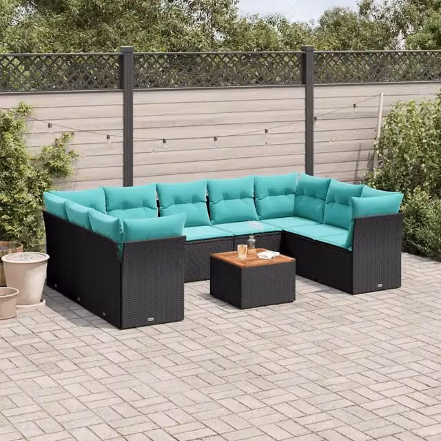 Set Divani da Giardino 10 pz con Cuscini Nero in Polyrattan 3256134