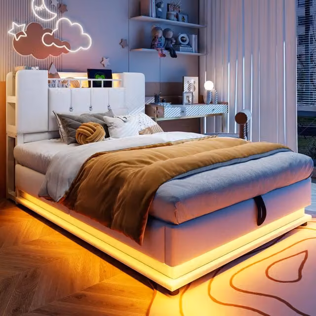 Letto imbottito per bambini 90x200 cm con LED; USB e contenitore in velluto beige