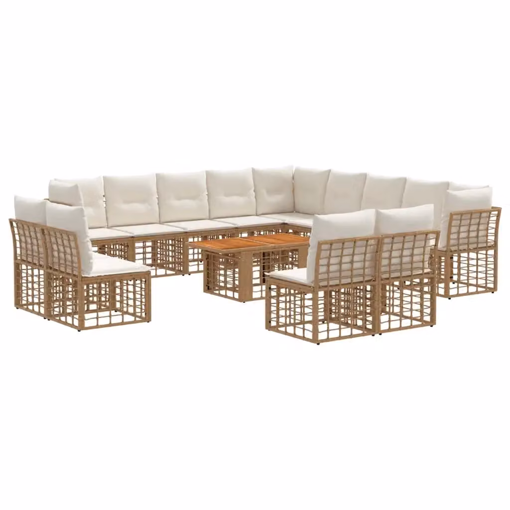 Set Divano da Giardino vidaXL 14 Pezzi a Forma di U in Polyrattan con Tavolino e Cuscini Beige e Bianco – 2