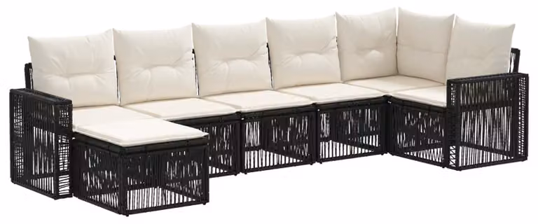 Set da giardino composto da 7 pezzi, in rattan sintetico nero e crema