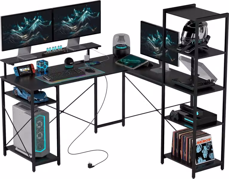 Scrivania, Scrivania per Computer a Forma di L 137 x 140 x 139,5 cm Scrivania ad Angolo con 6 Ripiani, Tavolo da Ufficio con Supporto per Monitor, USB, Presa, per Home Office, Ufficio, Nero