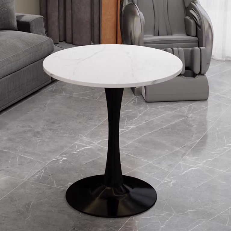 Tavolo rotondo da pranzo, diametro 70 cm, tavolino da caffè nero in stile Mid-Century Modern, adatto per 2-4 persone, tavolo con finitura effetto marmo bianco, ideale per soggiorno e cucina