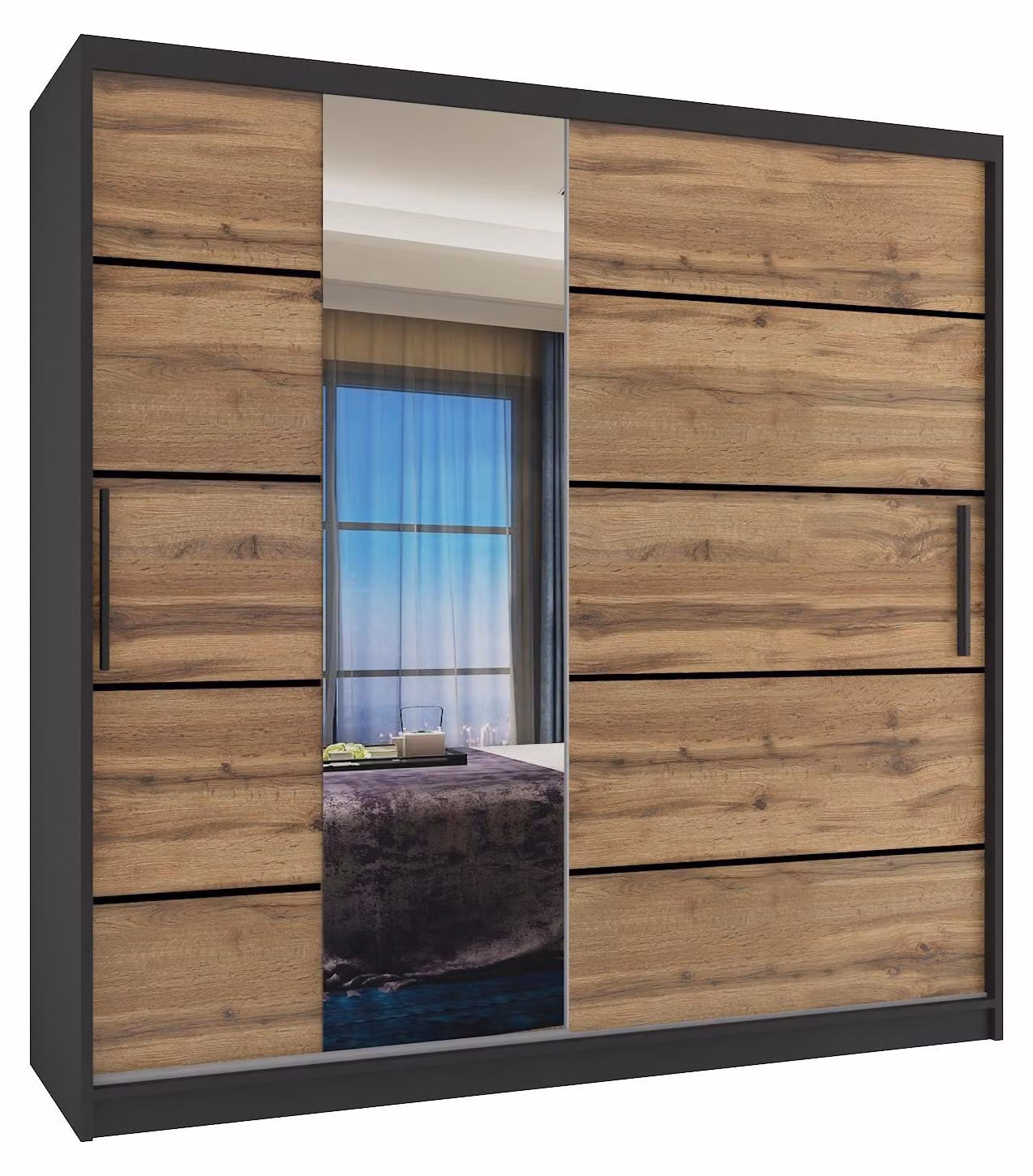 BELINI Verona, armadio scorrevole da 200 cm, nero/marrone dorato opaco - armadio con specchio e 2 cassetti, ideale per la camera da letto