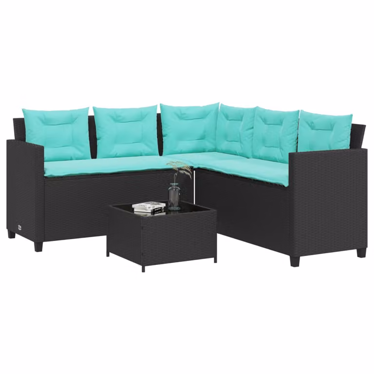 Divano da giardino a forma di L vidaXL con tavolino e cuscini blu, struttura in metallo e rattan nero