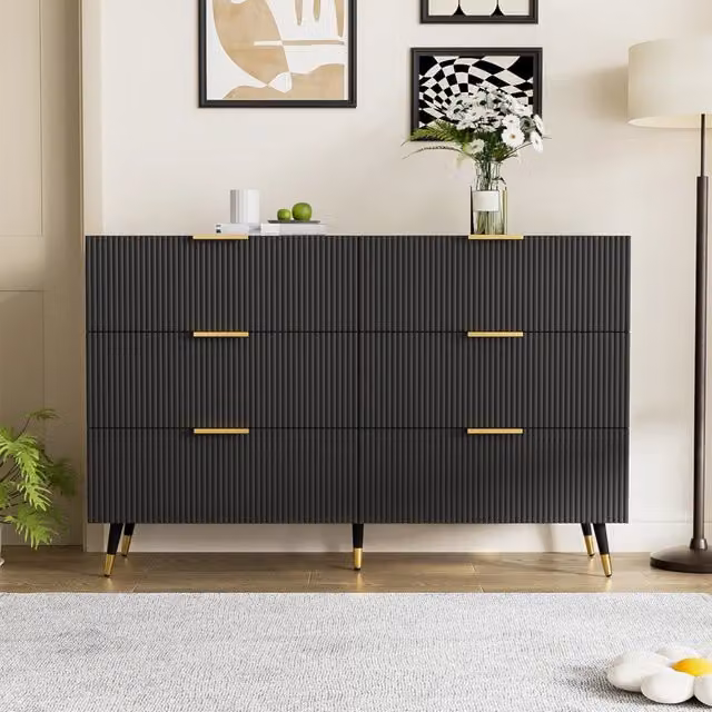 Credenza moderna nera e oro 120 cm; cassettiera con 6 cassetti e gambe in metallo; mobile soggiorno dal design minimalista