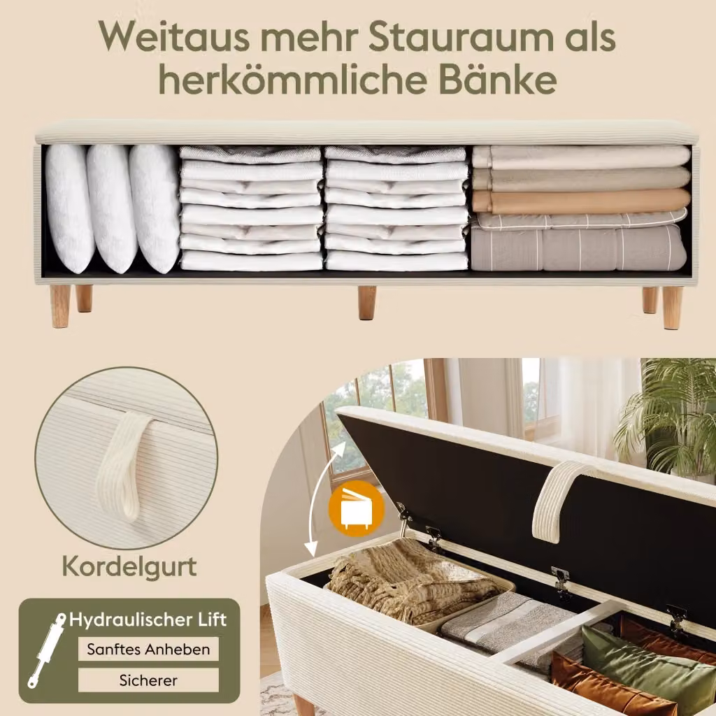 Panca contenitore fondo letto MIVRAY in tessuto a coste beige con gambe in legno e apertura idraulica L: 175 cm, P: 46 cm, H: 38 cm – 2