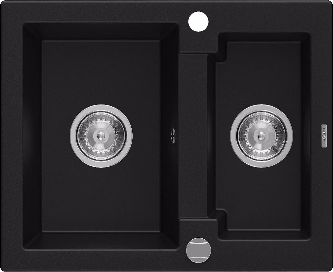 Mexen Carlos lavello in granito 1,5 vasche 582 x 475 mm, nero, sifone cromato - 6518581500-77
