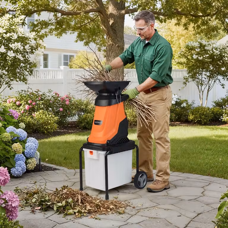 Trituratore elettrico per legno e giardino Costway da 3000 W con cestino da 50 l, arancione