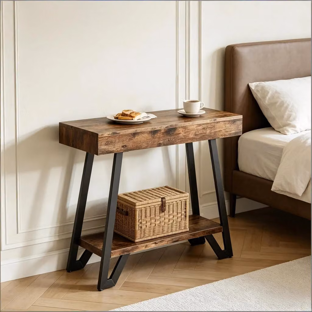 Consolle Mivray in stile industrial con due ripiani in MDF e metallo, colore nero e marrone rustico, ideale per ingresso e soggiorno, L: 160 cm, P: 40 cm, H: 11 cm – 2