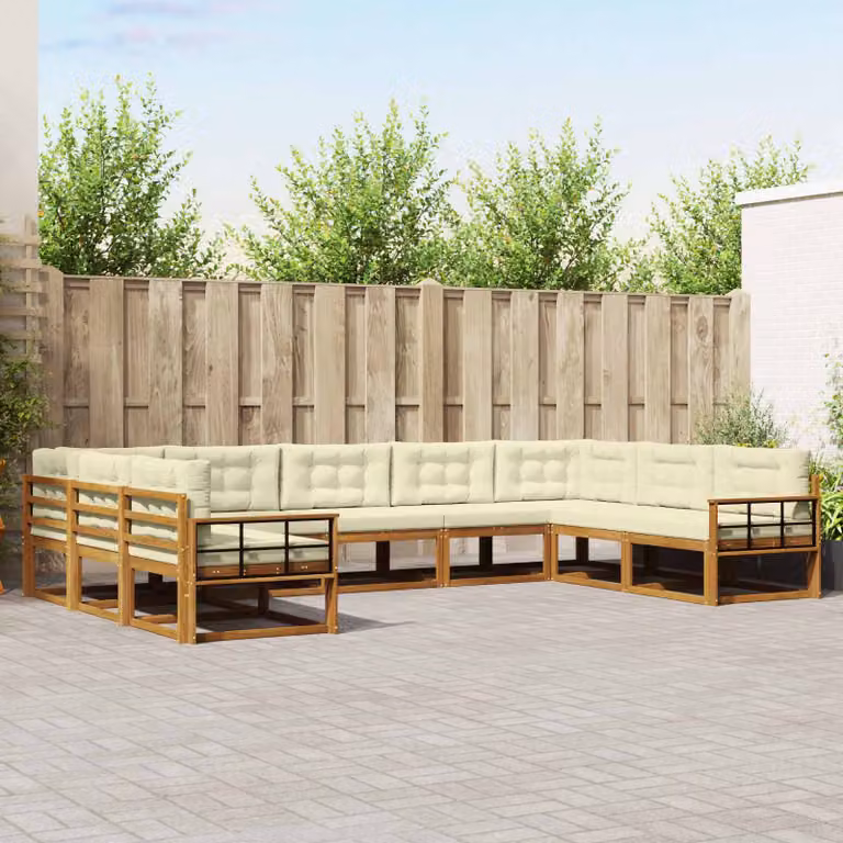 vidaXL Set di divani da esterno a L in legno di acacia con cuscini, 9 pezzi, Beige, Bianco e Marrone