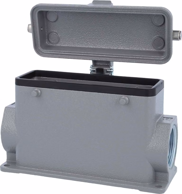 HARTING Han 24B Base alta, 2xM32 uscita cavo laterale, per 2 staffe (nella parte superiore) con cappuccio protettivo in metallo - 1