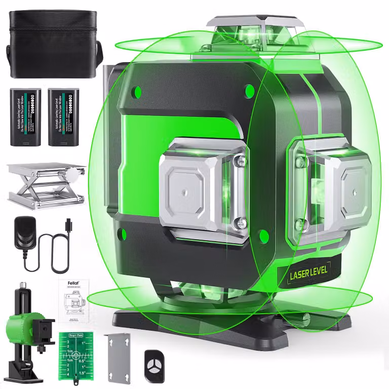 Livella laser a croce verde, con copertura a 360°, autonivelante, ricaricabile, grado di protezione IP54 (resistente all'acqua), ideale per l'uso in cantiere