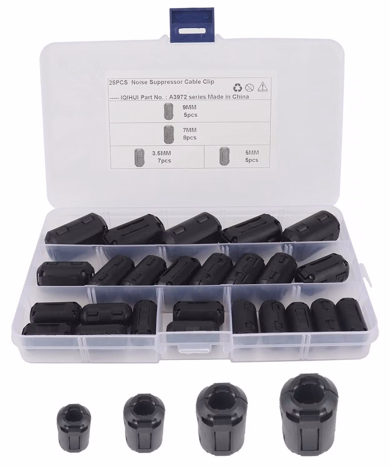 Set di 25 clip per cavi con nucleo in ferrite, per cavi di diametro da 3,5 a 9 mm