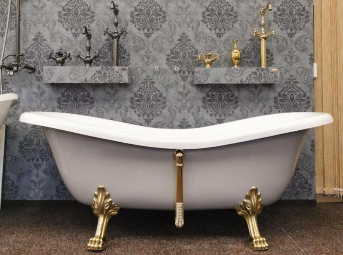 Casa Padrino vasca in stile liberty bianco / grigio platino / oro 188 x 83 x h. 69 cm - Vasca da bagno freestanding con piedi di leone - Arredo bagno retrò