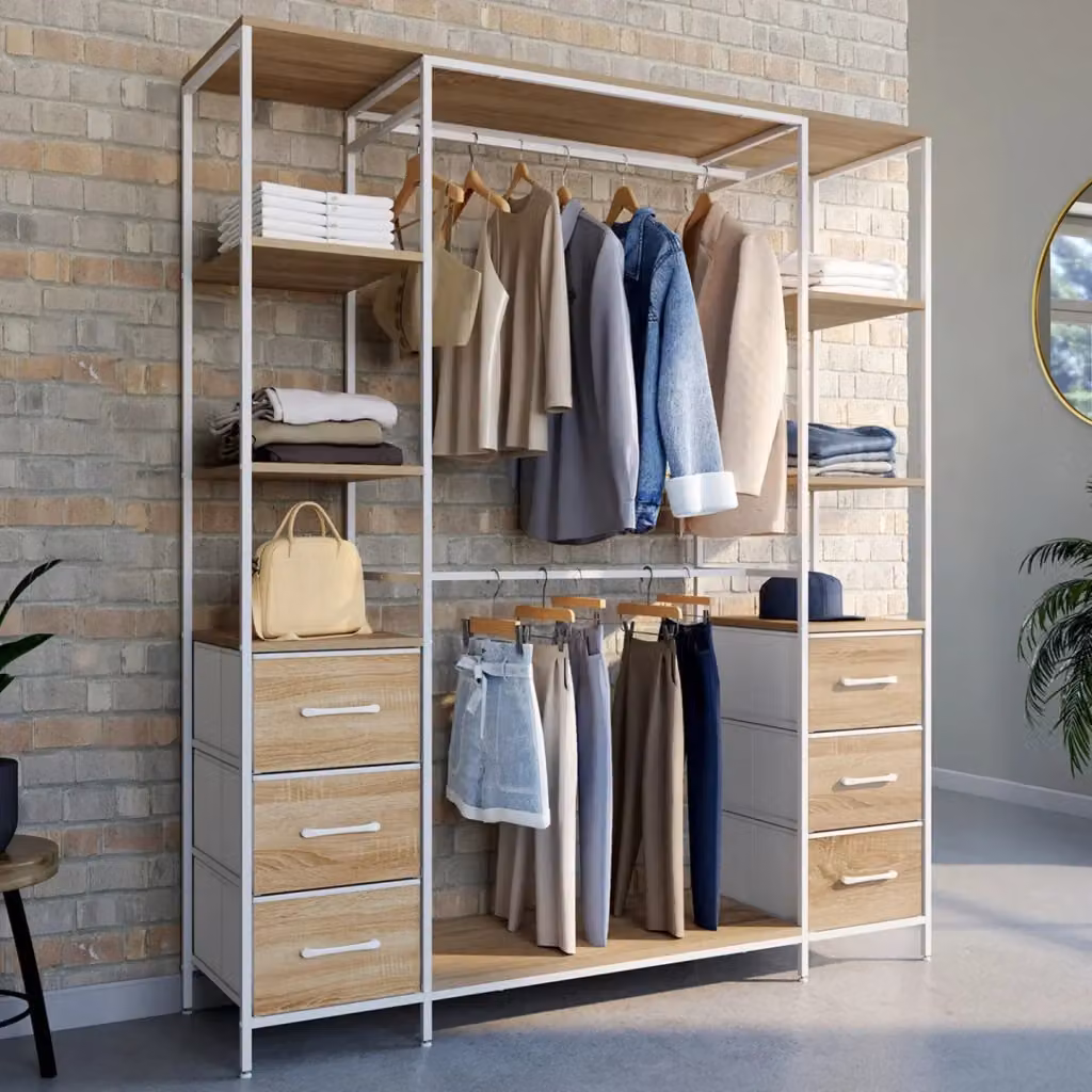 IDMarket Armadio doppio UTAH con colonna doppia, 6 ripiani e 6 cestini in legno e tessuto, Bianco e Marrone, L: 140 cm, P: 40 cm, H: 167 cm – 2
