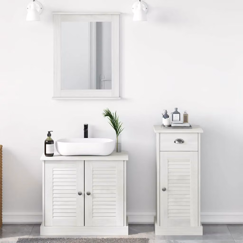 Set di mobili per il bagno moderno vidaXL in legno di pino bianco, composto da 3 pezzi con ante a cerniera e ripiani interni