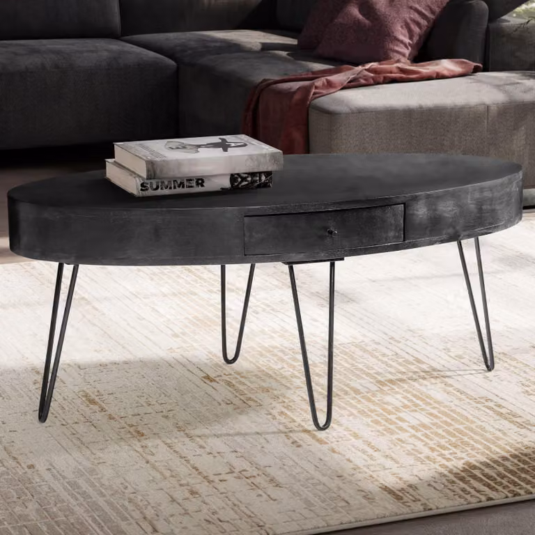 FineBuy Tavolino 100cm ovale in legno massiccio di mango nero - Tavolo da soggiorno con cassetto e gambe a forcina - Tavolo moderno in legno massiccio design industriale