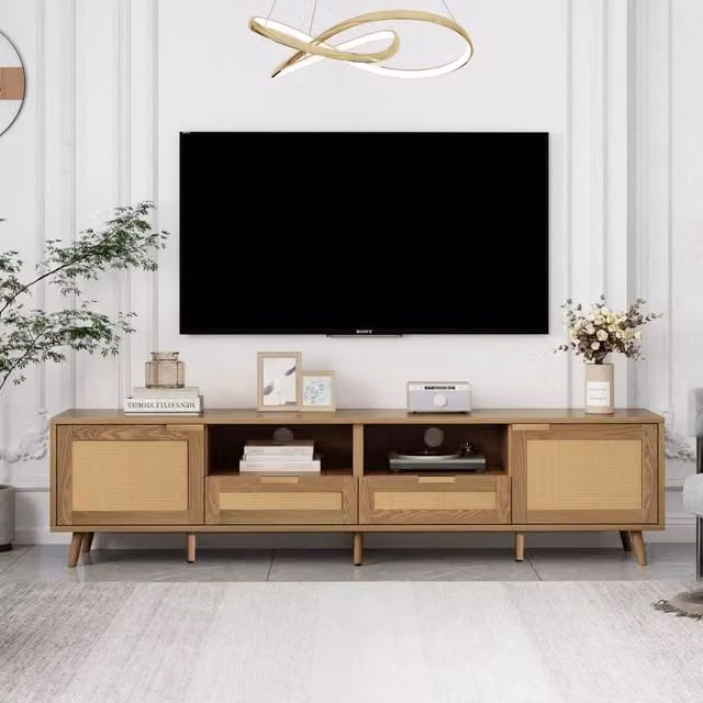 Mobile TV moderno MIVRAY in rovere marrone con dettagli in rattan sintetico, 2 ante e 2 cassetti, L/P/H: 200 x 37 x 49 cm