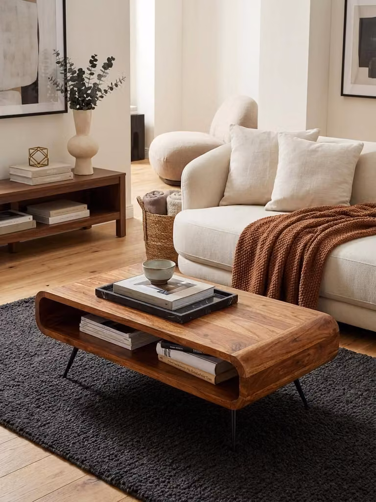 Tavolino 90x55x30 cm Sheesham in legno massello/metallo Tavolo da divano quadrato, tavolo da soggiorno con vano portaoggetti, tavolino solido, tavolino laterale da soggiorno moderno rettangolare
