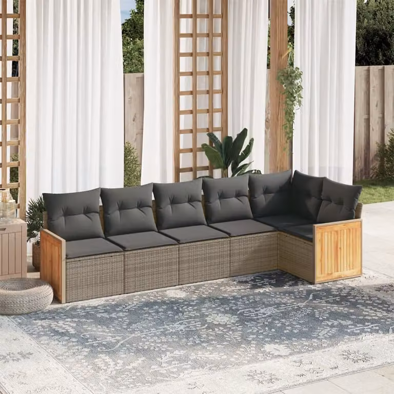 Set Divano da Giardino a L vidaXL 6 pz con Cuscini Grigio in Polyrattan e Legno di Acacia
