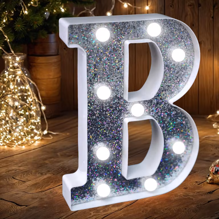 Luci a forma di lettera per tenda da festa, con tecnologia LED e decorazione in glitter argentato