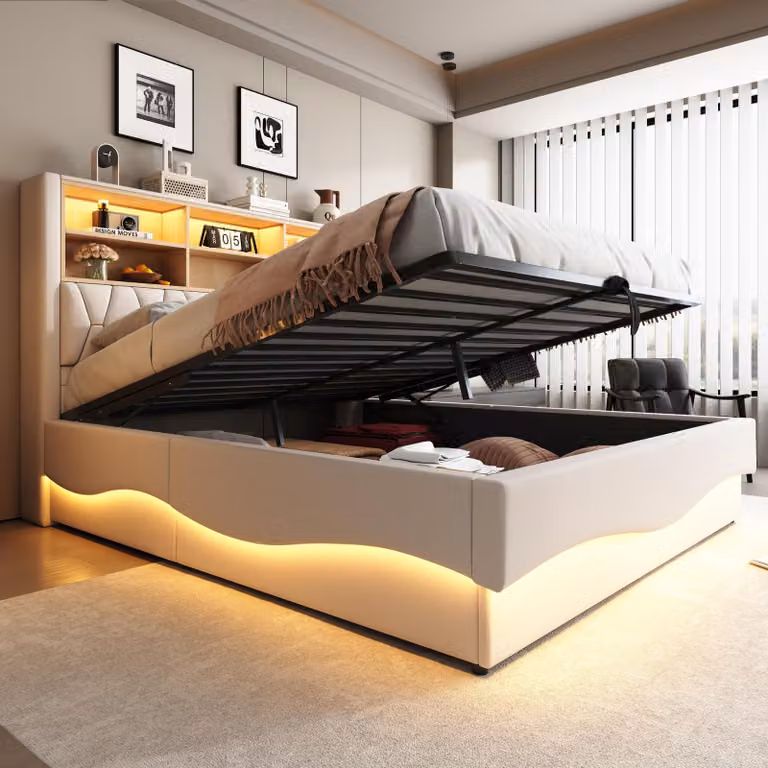 MODFU Letto matrimoniale 180×200 con rete metallica, letto imbottito con striscia LED controllabile tramite app e caricatore USB, letto con contenitore idraulico, senza materasso, beige
