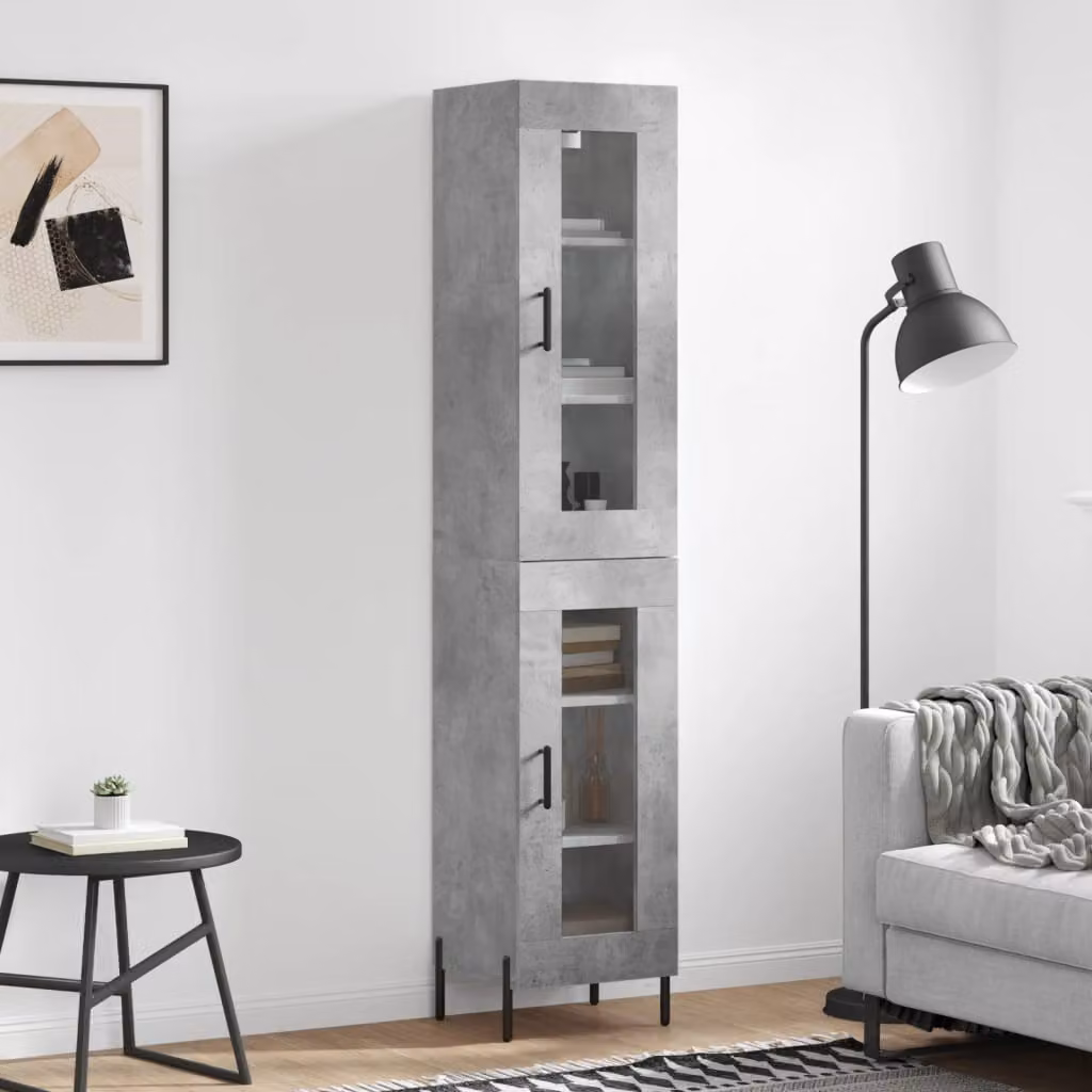Credenza moderna vidaXL in legno e metallo con ante in vetro, Grigio, L: 34,5 cm, P: 34 cm, H: 180 cm