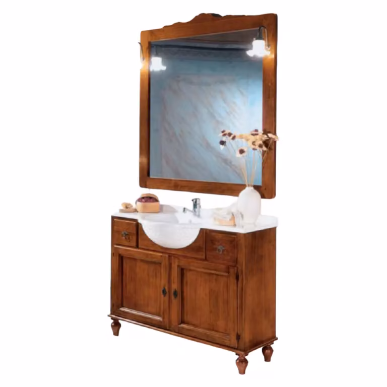 Mobile bagno Mobili 2G in legno con lavabo in pietra, specchio e armadietto, L/P/H: 108 x 50 x 79 cm, bianco e marrone
