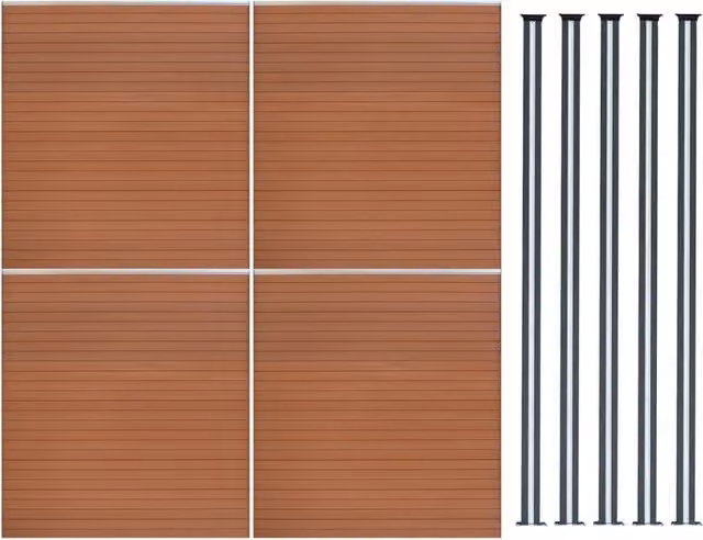 Set di 4 Pannelli per Recinzione in Alluminio e Doghe PVC con 5 Pali LED Marrone Altezza: 185 cm