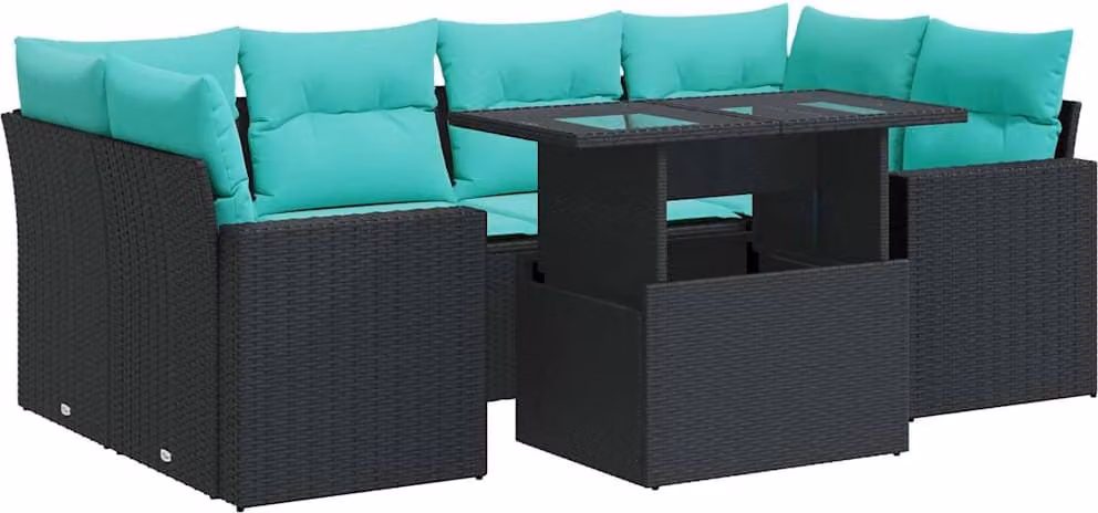 Set Divani da Giardino con Cuscini 7pz Nero Polyrattan Acacia