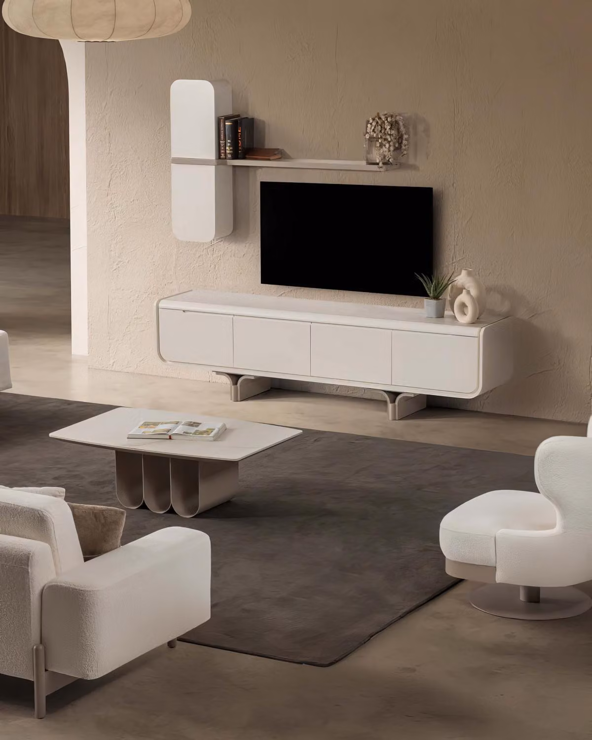 Mobile TV a basso, set da parete, design moderno, bianco, elegante, lussuoso, per soggiorno