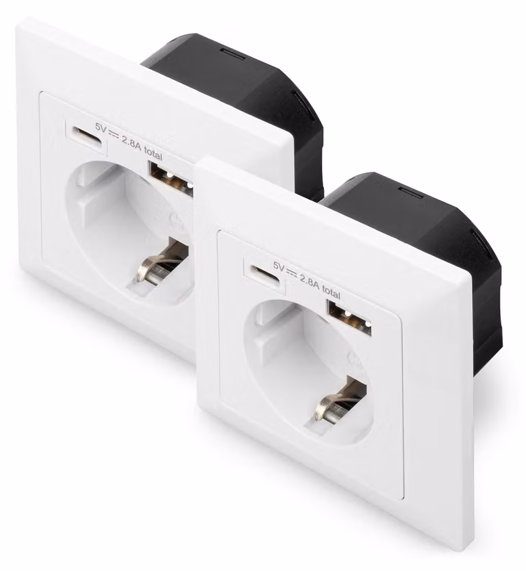 DIGITUS DA-70615 – Presa da incasso con caricatore USB – 2 pezzi – 1x USB-A fino a 2,8 A / 1x USB-C fino a 2,8 A – Profondità di incasso 32 mm – Adatta a determinati progetti di design – Bianco puro RAL 9003