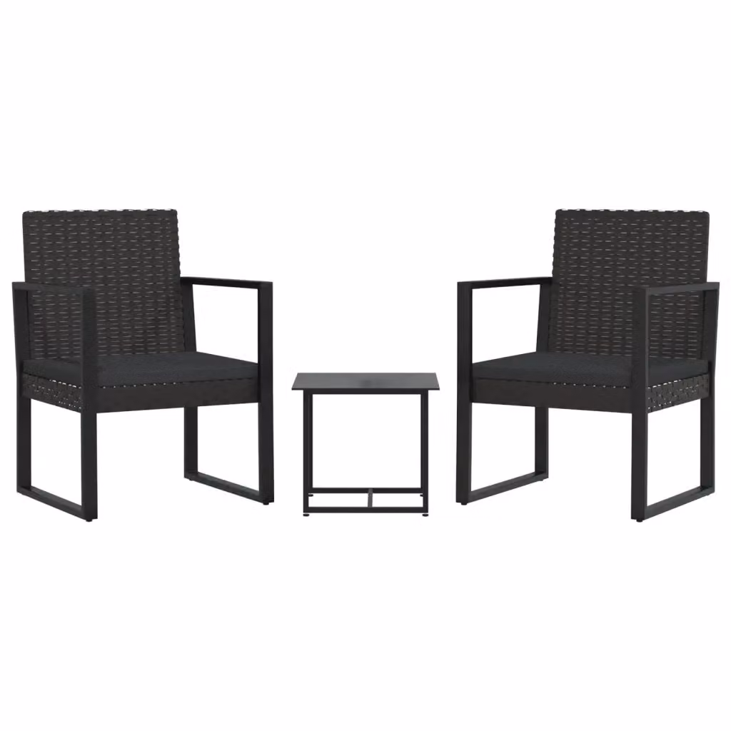 Set da giardino moderno vidaXL composto da divano a 2 posti, poltrona lounge e tavolino da caffè in rattan e metallo nero con cuscini inclusi – 2