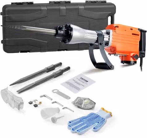 VEVOR Martello Demolitore Elettrico 2200W con 2 Punte a Scalpello, 1400 BPM, 220V, Colore Arancione