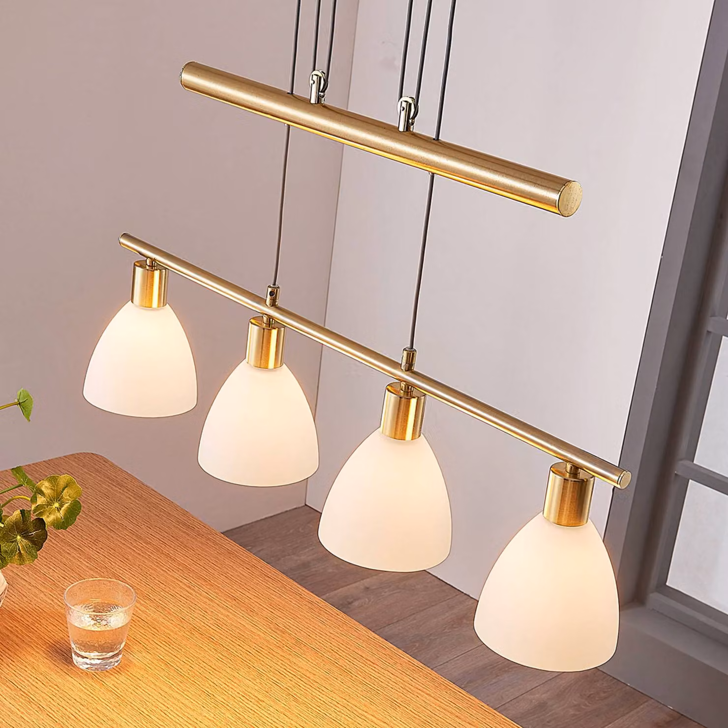 Lampada a sospensione Simeon Lindby, dimmerabile, Ottone / Oro, Soggiorno / Sala da pranzo, Vetro, Moderno, Lampada a sospensione