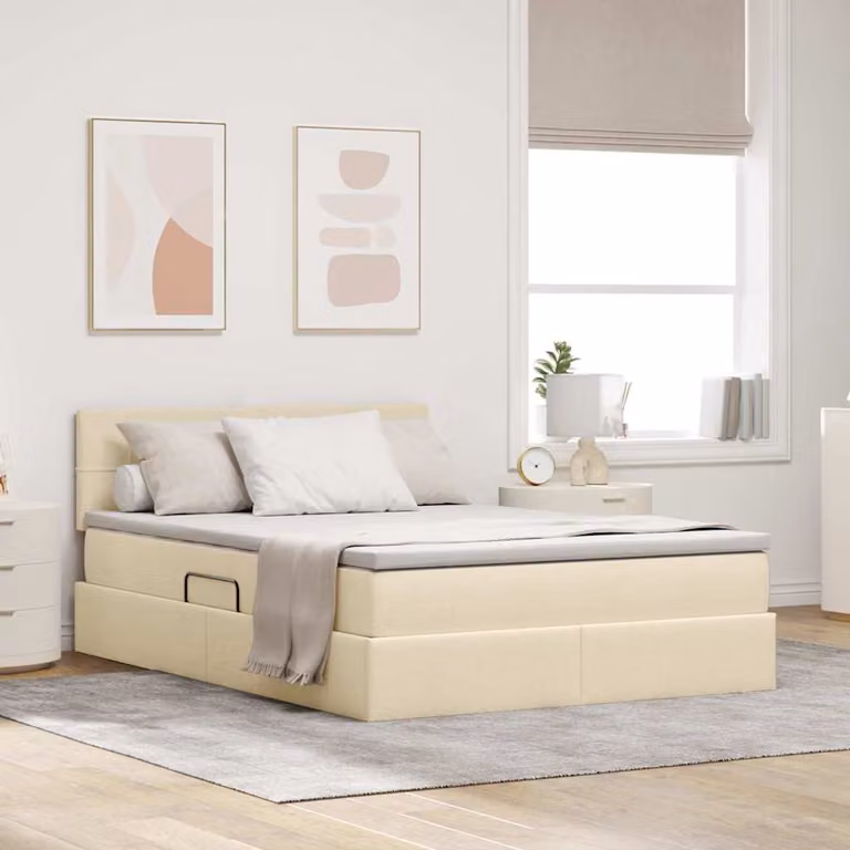 Letto con contenitore e materasso vidaXL con illuminazione LED, colore beige, L/P/H: 140 x 200 x 88 cm
