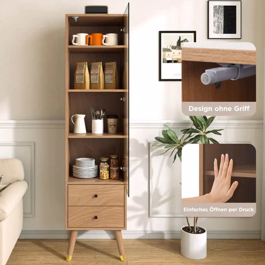 Vetrina OKWISH moderna per soggiorno in MDF color marrone con ante in vetro e cassetti – 2