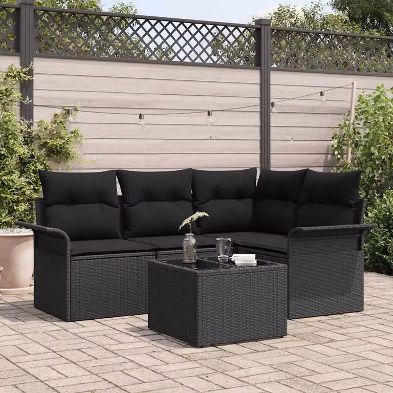 Set Divano da Giardino a L vidaXL 5 Pezzi Nero con Cuscini e Tavolino in Polyrattan e Acciaio