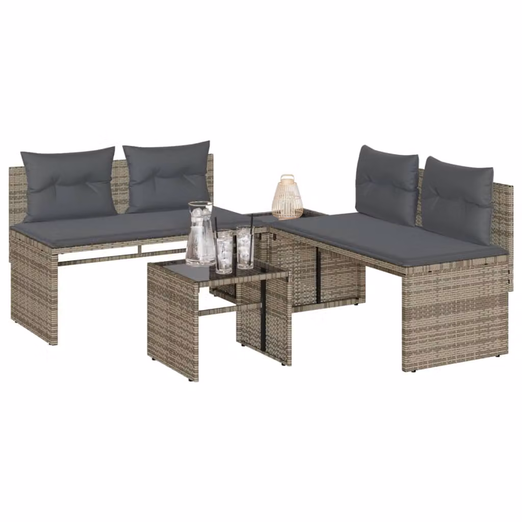 Set da giardino vidaXL 4 pezzi in rattan con divano a L, tavolino e cuscini grigi